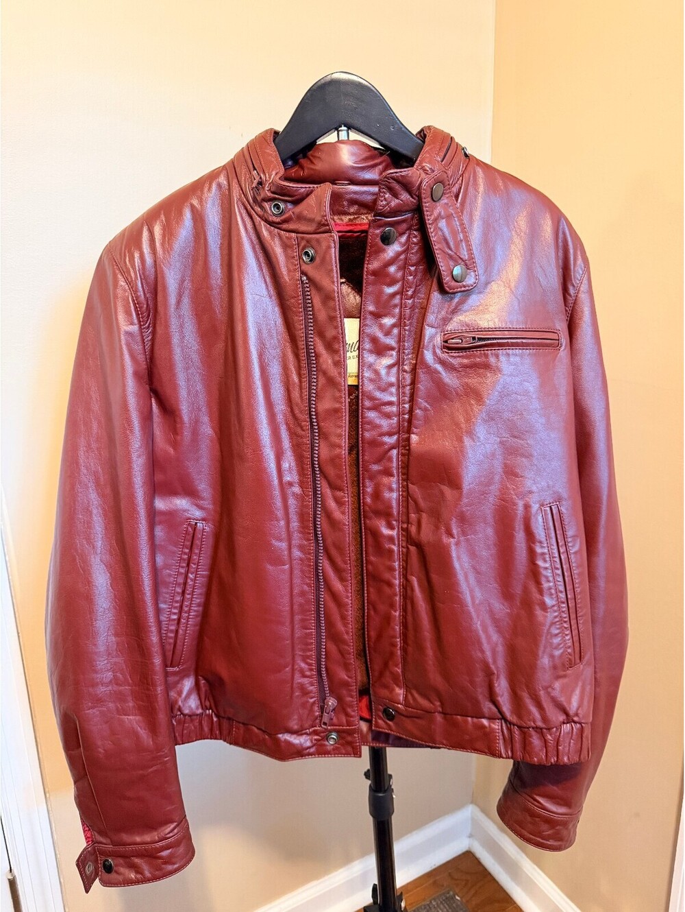 Vintage Berman's Burgundy Leather Cafe Racer Moto Jacket Men's Size M